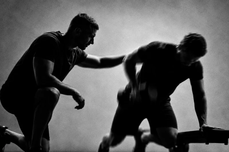 Two men in a gym, one kneeling and supporting the other who is lifting a dumbbell on a bench.