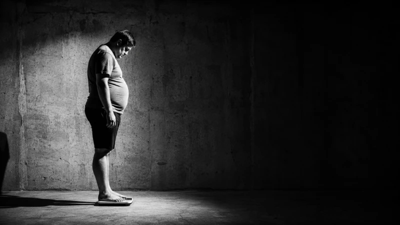 A man stands on a scale in a dimly lit room, looking down, with a concrete wall in the background.