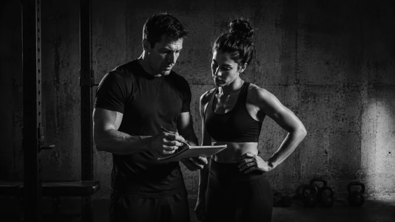 Twee mensen in sportkleding in een gym, de man schrijft op een notitieblok, kettlebells op de achtergrond.