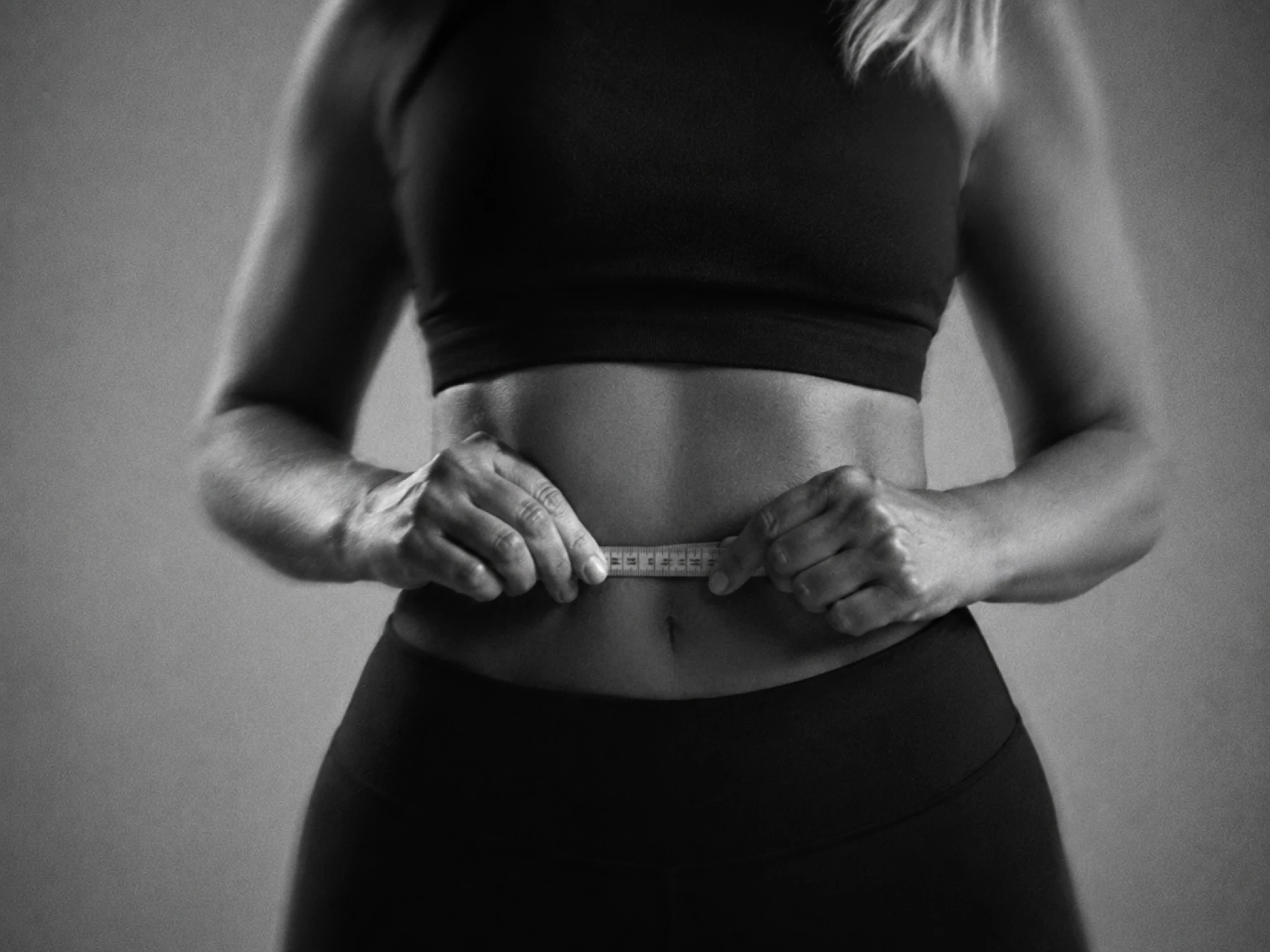 Meetlint rond de taille van een sportieve vrouw als maat voor lichaamssamenstelling.