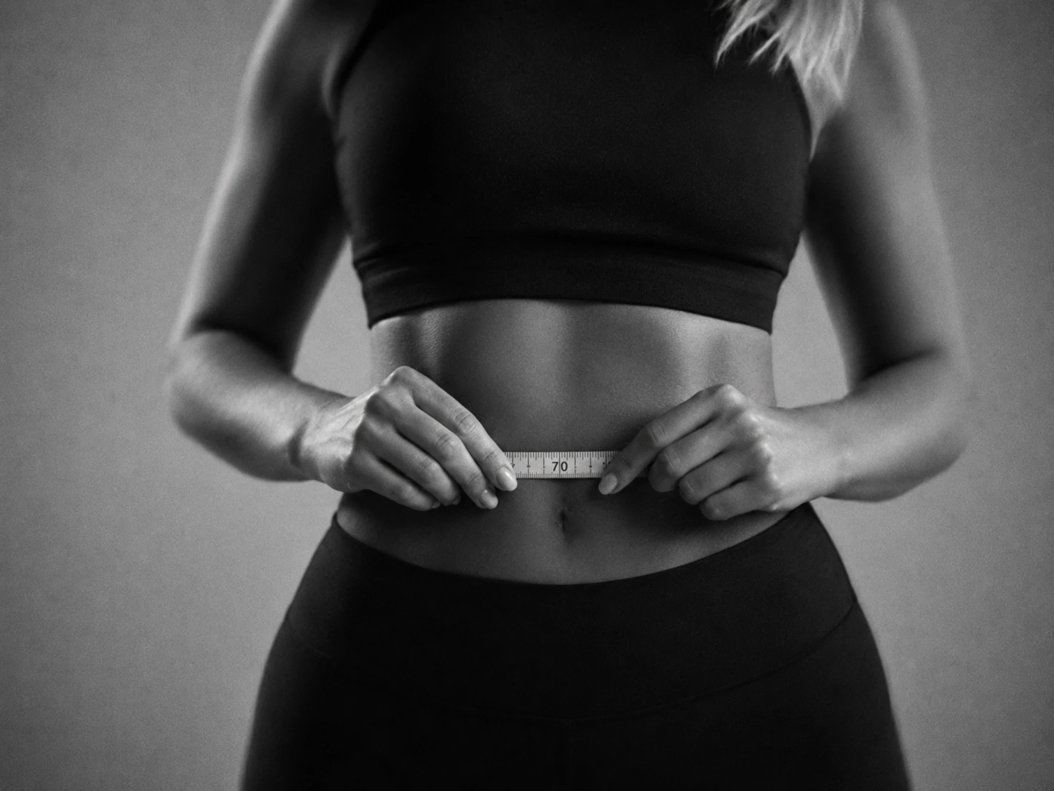 Measuring tape around the waist of an athletic woman, measuring body composition.