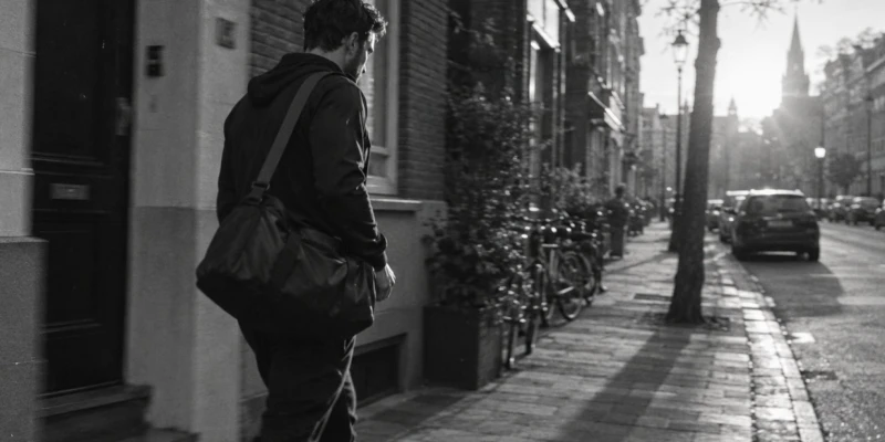 Een man loopt met een tas op een zonnige straat met fietsen en auto's, gefotografeerd in zwart-wit.