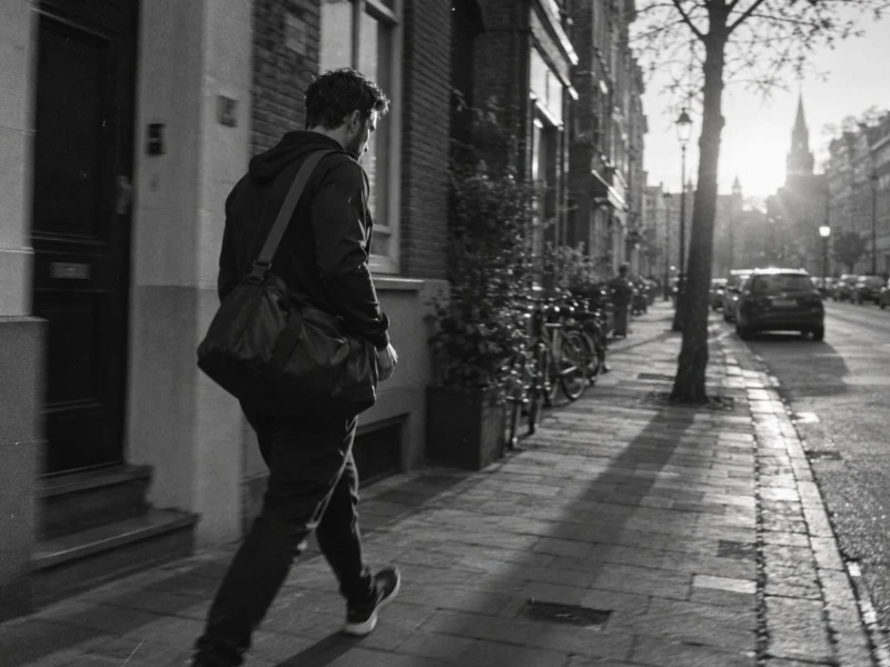 Een man loopt met een tas over zijn schouder op een zonnige straat met bomen en geparkeerde auto's.