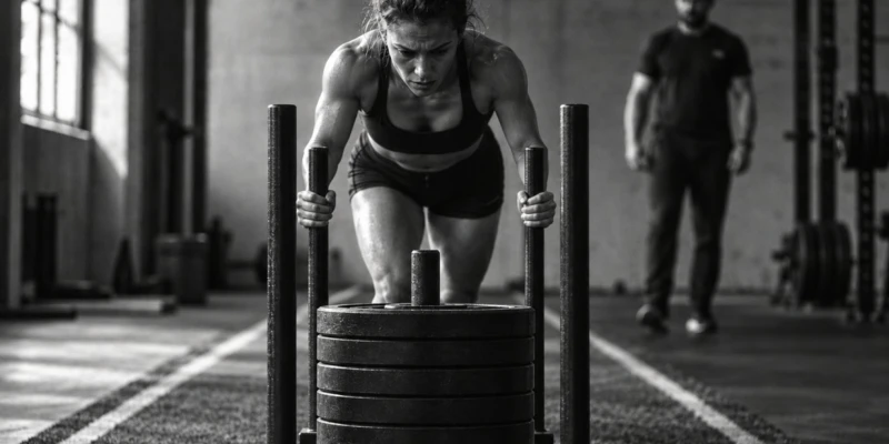Vrouw duwt zware slee in sportschool, gefocust en gespierd. Man kijkt toe op de achtergrond. Zwart-wit foto.