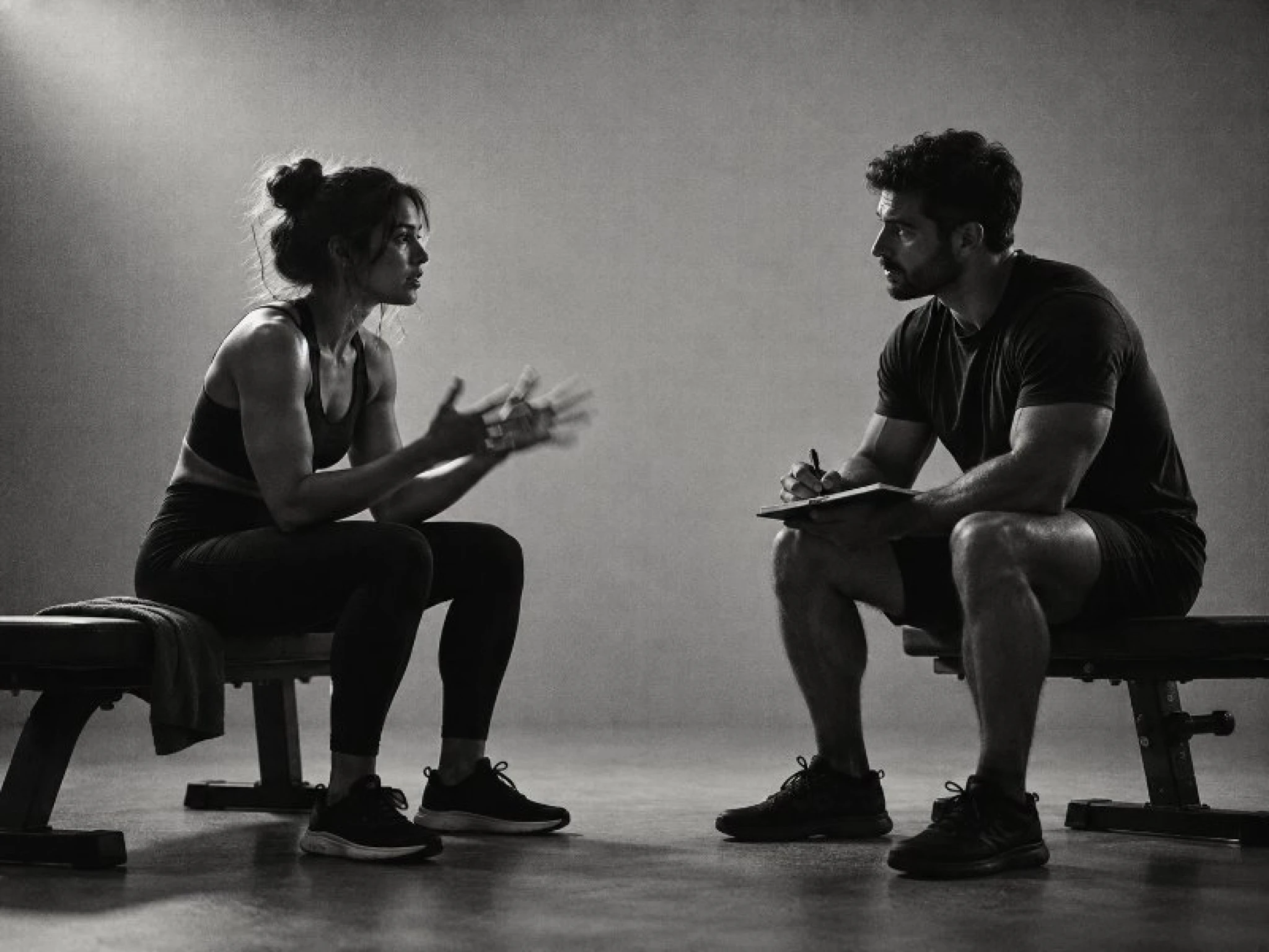 Trainer and client talking during an intake on a training bench