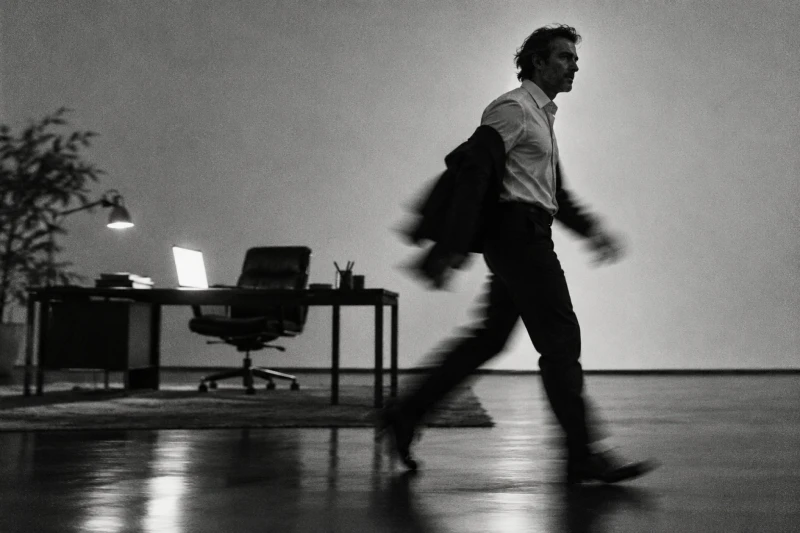 A man in motion walks past a dimly lit office with a desk, chair, and laptop, creating a blurred effect.