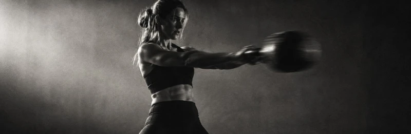 Vrouw doet een zware kettlebell swing in een donkere studio
