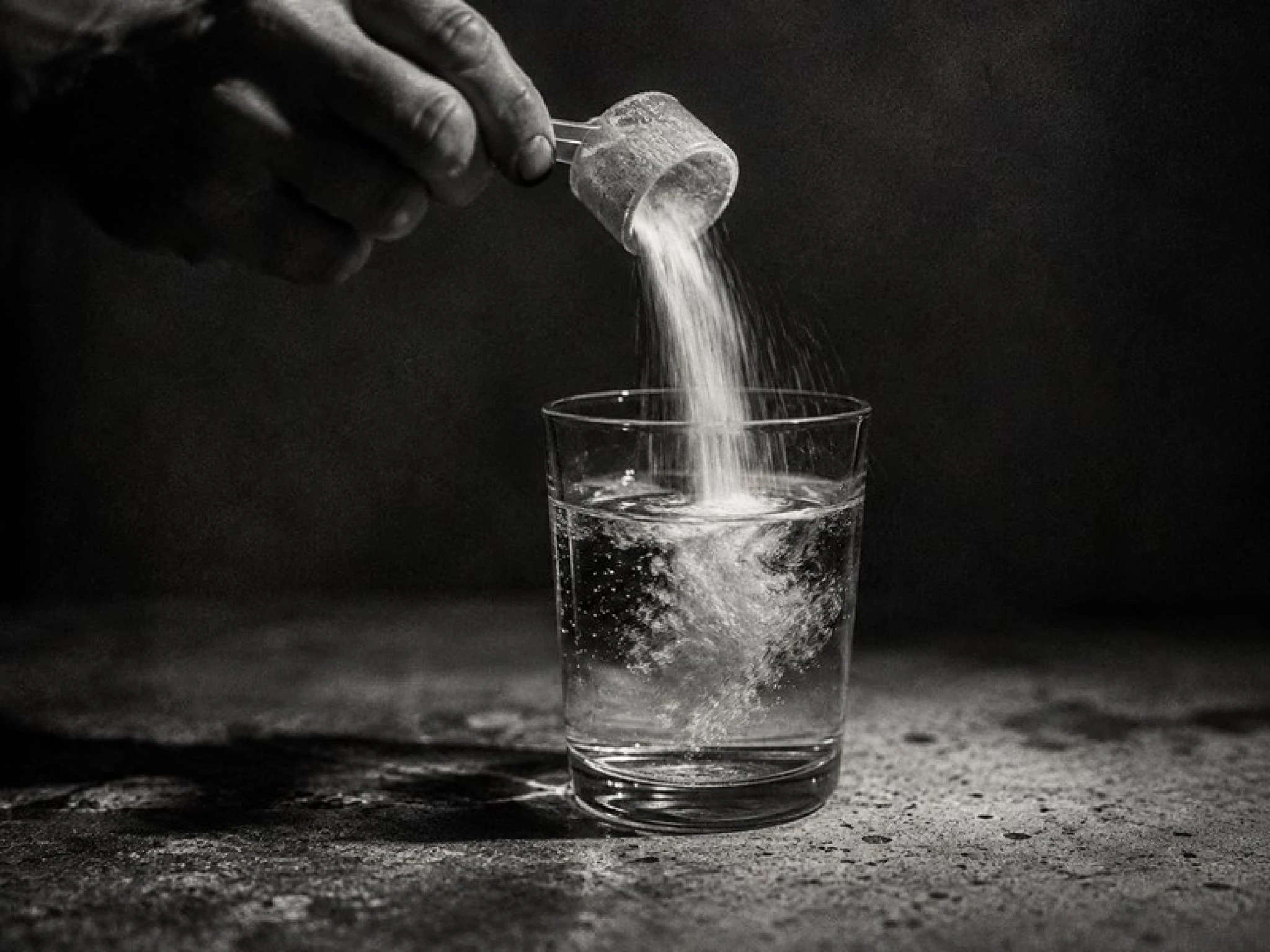 Schepje creatinepoeder wordt in een glas water gestort