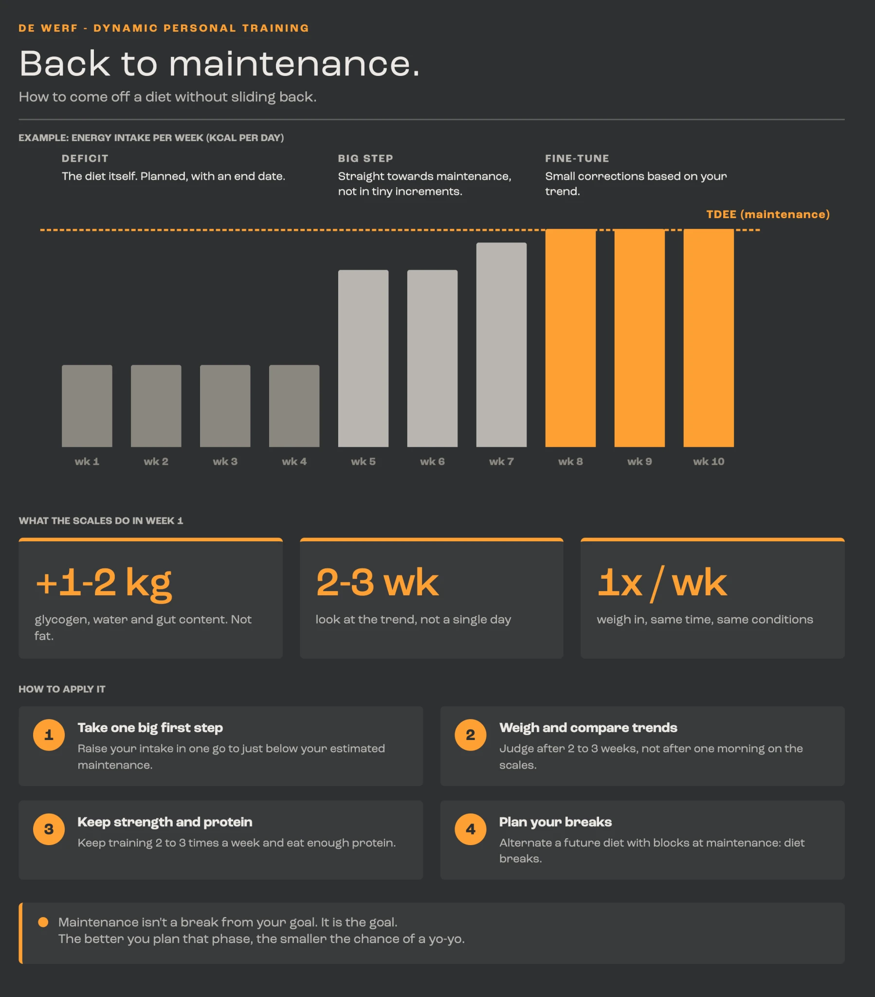 Infographic: back to maintenance after a diet, with one big first step, fine-tuning and what the scales do in week 1.