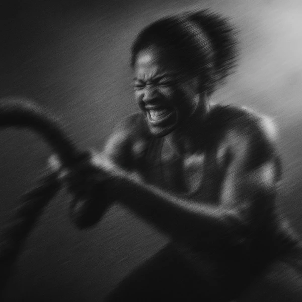 Zwart-witfoto van een vrouw die intensief traint met battle ropes, gezicht gespannen, in een donkere sportomgeving.