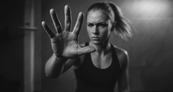 Vrouw in sportkleding met gefronst gezicht steekt hand naar voren in zwart-witfoto, focus op handpalm.