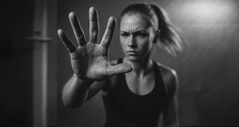 Vrouw in sportkleding met gefronst gezicht steekt hand naar voren in zwart-witfoto, focus op handpalm.