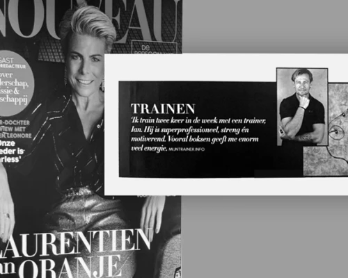 Tijdschriftcover met vrouw in zwart-wit. Tekst over trainen met een foto van een man rechts. Titel: "Laurentien van Oranje".