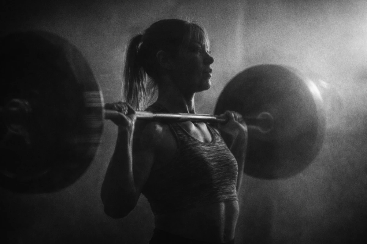 Vrouw tilt halter in sportschool, zwart-wit foto, zijaanzicht, gefocust en krachtig.