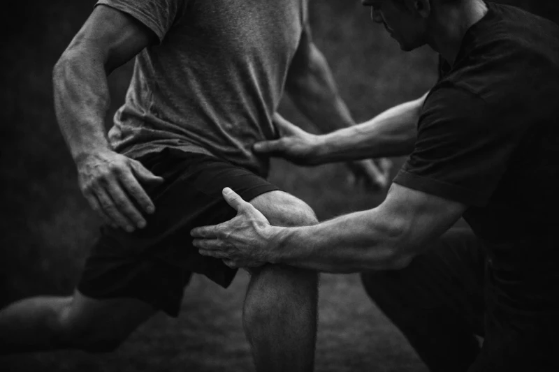 Twee mannen in sportkleding oefenen vechtsporttechnieken in zwart-wit, met focus op hun armen en benen.