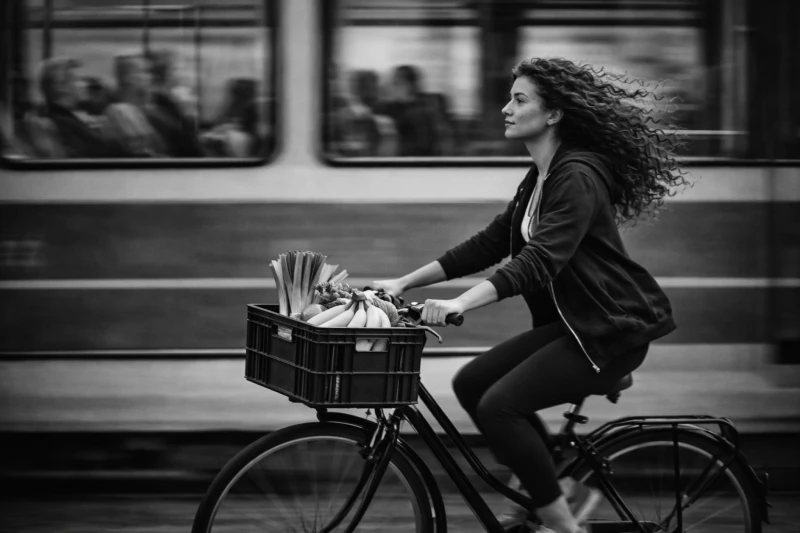 Een vrouw fietst met een mand vol groenten voorop, langs een rijdende tram. Haar krullend haar waait in de wind.