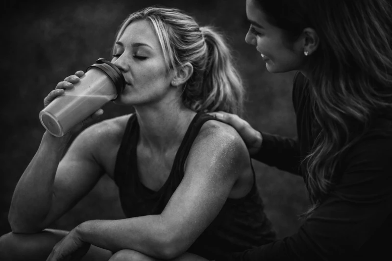 Twee vrouwen in sportkleding; de een drinkt uit een fles, de ander legt bemoedigend een hand op haar schouder.