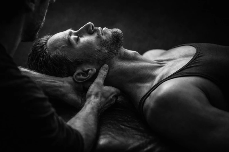 Een man ligt ontspannen op zijn rug terwijl een andere persoon zijn nek ondersteunt in een donkere, serene omgeving.