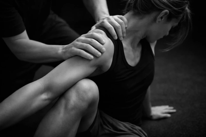 Een persoon in sportkleding doet een yogapositie met hulp van een ander, die de schouder vasthoudt. Zwart-wit foto.