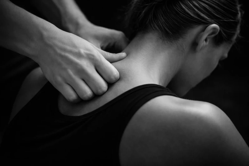 Een persoon krijgt een nek- en schoudermassage. Handen kneden de spieren. Zwart-wit foto.