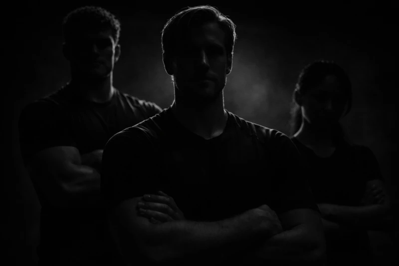 Drie personen in het donker, armen gekruist, met schaduwen op hun gezichten. Ze dragen donkere shirts.