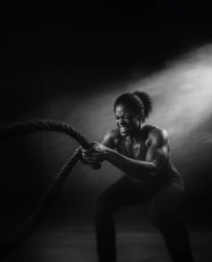 Een vrouw traint intensief met zware touwen in een donkere ruimte, verlicht door een enkele lichtstraal.