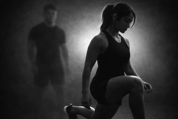 Een vrouw in sportkleding doet een lunge in een donkere ruimte, met een vage man op de achtergrond.