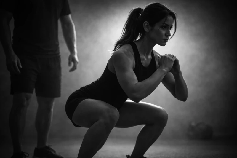 Vrouw in sportkleding doet squats in een donkere, mistige ruimte. Een man staat op de achtergrond.