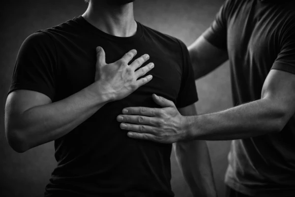 Twee mannen in zwart-wit, één met hand op borst, de ander legt hand op buik van de eerste. Beiden dragen T-shirts.
