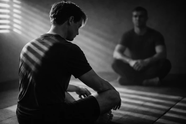 Twee mannen zitten in meditatiehouding in een donkere kamer met strepen licht op de vloer.