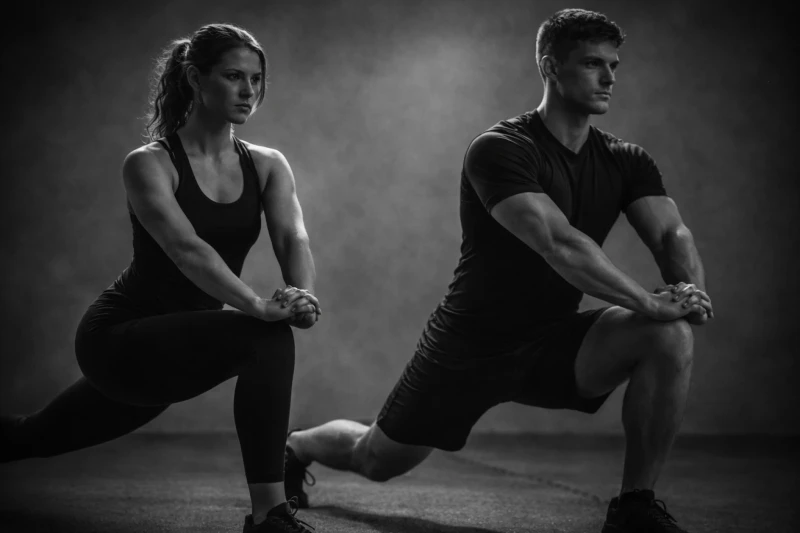Twee mensen in sportkleding doen lunges in een donkere studio. Ze kijken geconcentreerd voor zich uit.