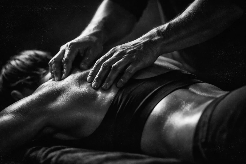 Zwart-witfoto van een persoon die een rugmassage krijgt. Handen masseren de gespierde rug van een liggende persoon.