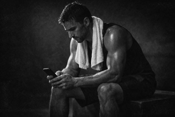 Man checkt sportschema op smartphone bij de Werf