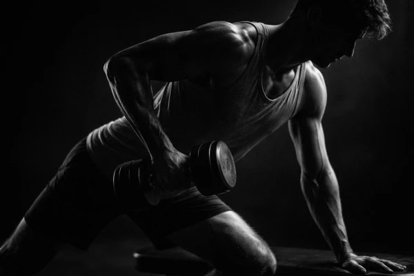 Man in tanktop doet eenarmige dumbbell-oefening op bank in zwart-wit, met sterke belichting op spieren.